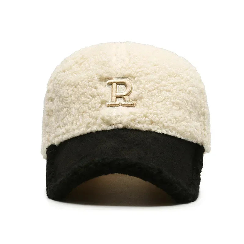 White & Black Lambswool Winter Baseball Cap – Embroidered R