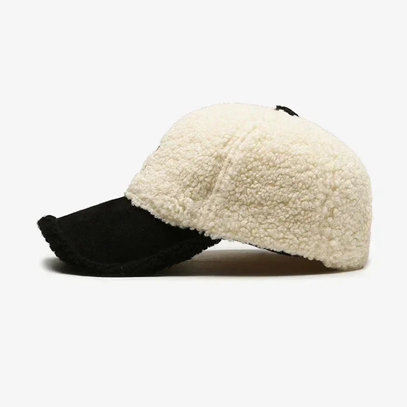 White & Black Lambswool Winter Baseball Cap – Embroidered R