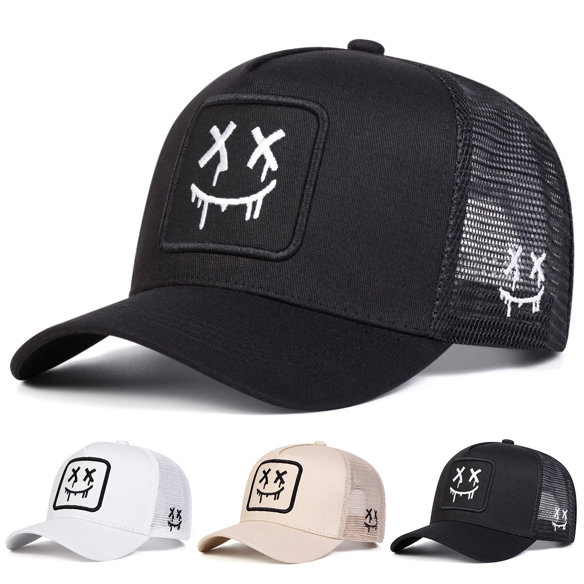 Black XX Smiling Face Embroidered Mesh Baseball Cap