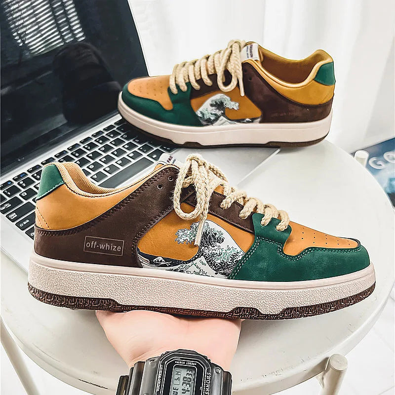 Waveprint Retro Skate Sneaker – Green & Brown