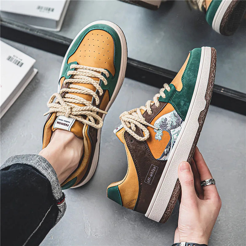 Waveprint Retro Skate Sneaker – Green & Brown