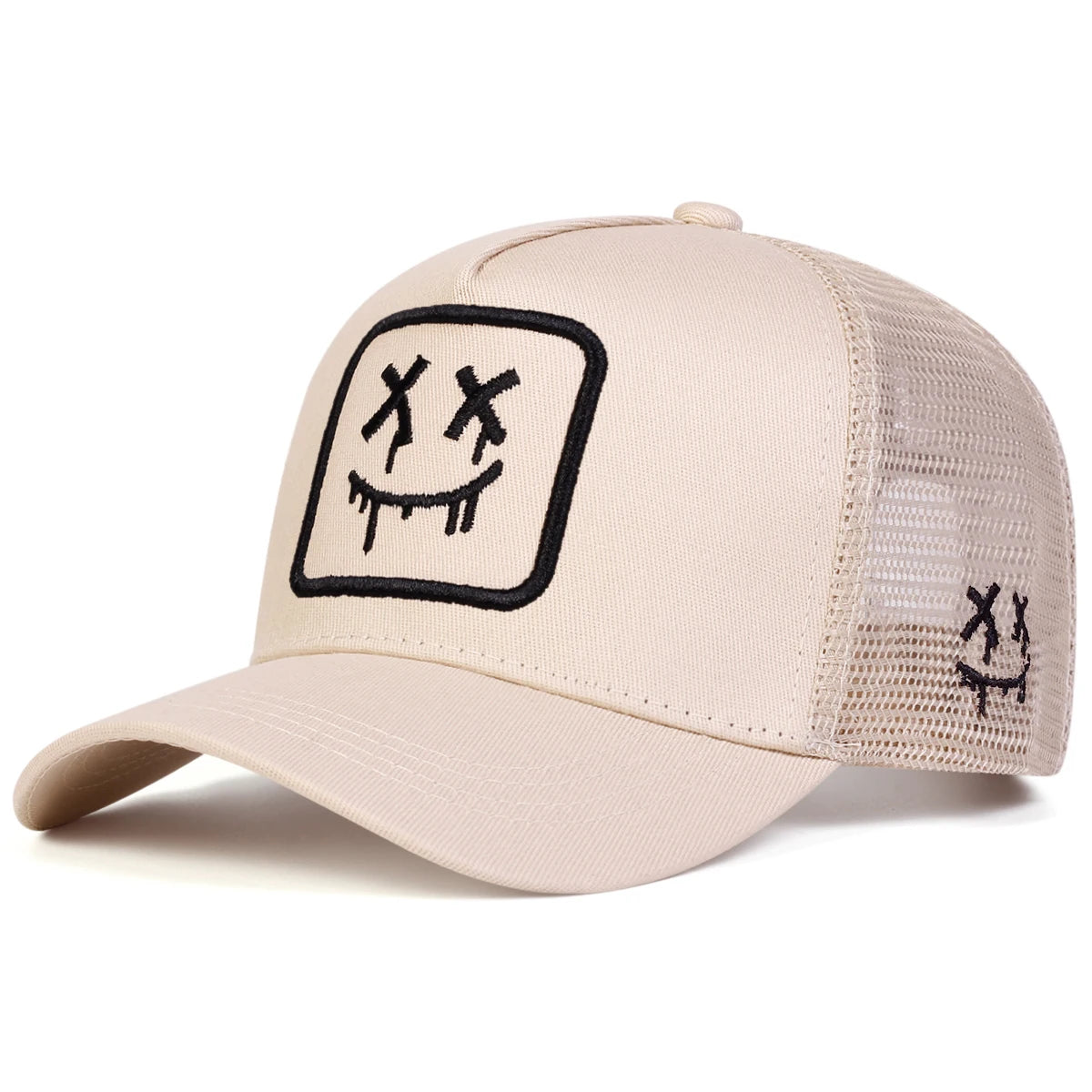 Beige XX Smiling Face Embroidered Mesh Baseball Cap