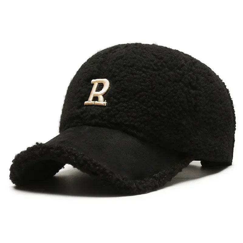 Black Lambswool Winter Baseball Cap – Embroidered R