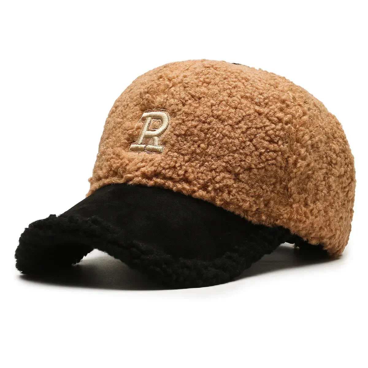 Camel & Black Lambswool Winter Cap – Embroidered R