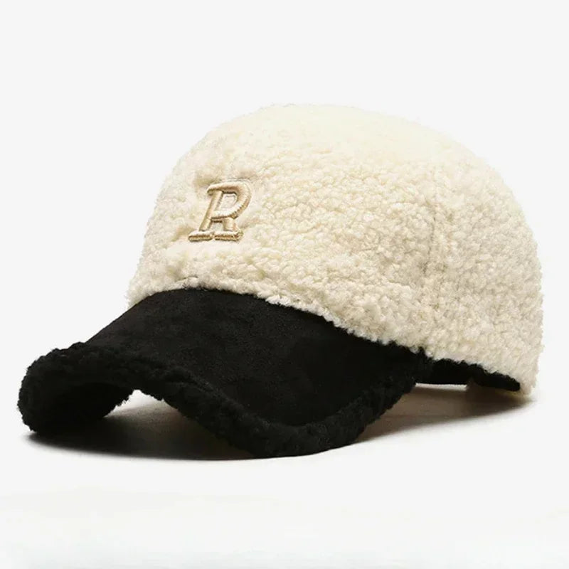 White & Black Lambswool Winter Baseball Cap – Embroidered R