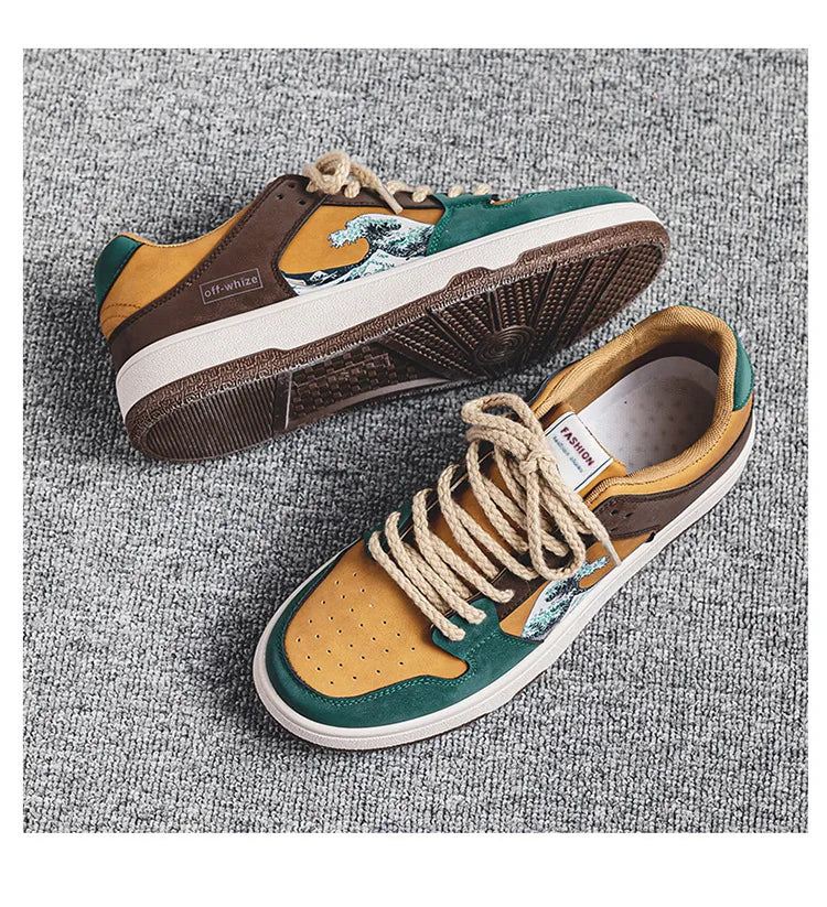Waveprint Retro Skate Sneaker – Green & Brown