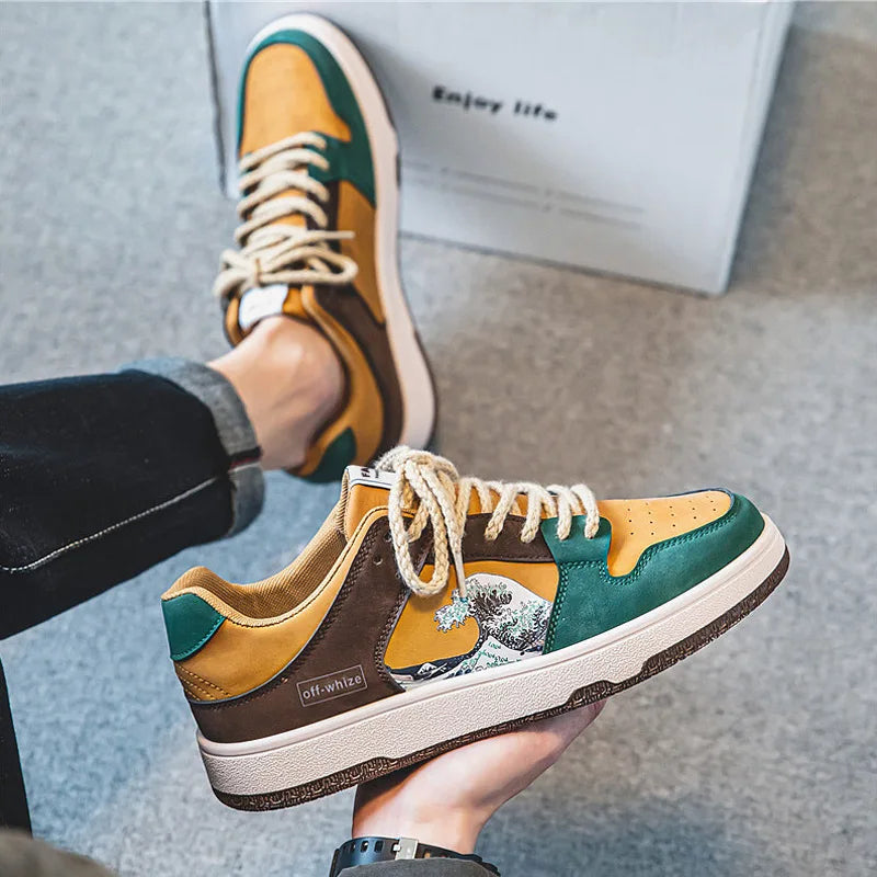 Waveprint Retro Skate Sneaker – Green & Brown