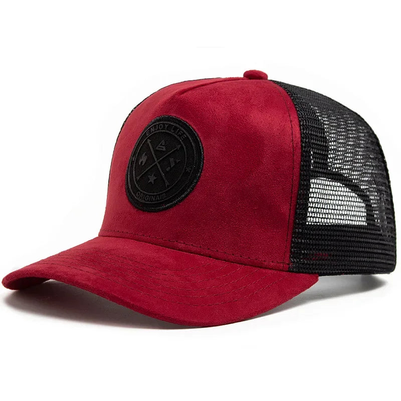 Red Suede Mesh Icon Trucker Cap